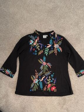 Parsley & Sage Black Colorful Embroidered Floral Tunic 3/4 Sleeve M